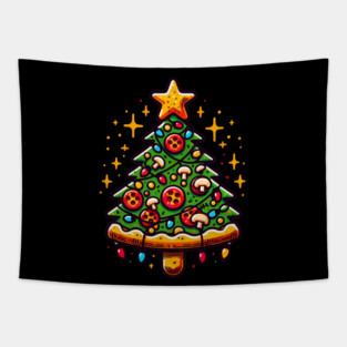 Xmas Tree with Pizza, Funny Pizza Lover Tapestry