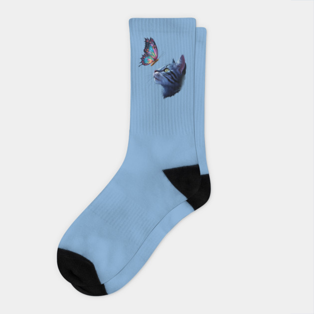 The Cat Gazes Upwards at a Vibrant Butterfly Socks by animegirlnft
