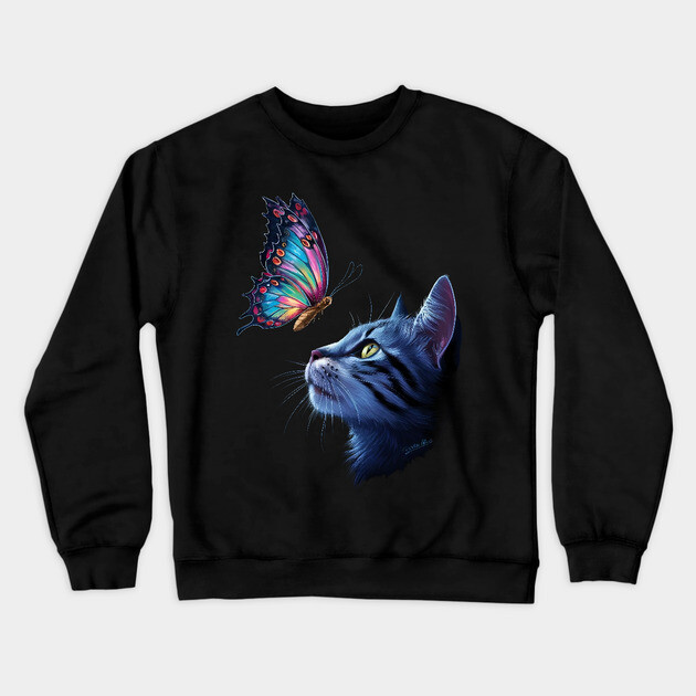 The Cat Gazes Upwards at a Vibrant Butterfly Crewneck Sweatshirt by animegirlnft