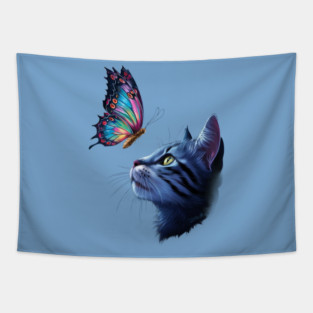 The Cat Gazes Upwards at a Vibrant Butterfly Tapestry