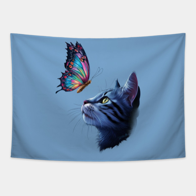 The Cat Gazes Upwards at a Vibrant Butterfly Tapestry by animegirlnft