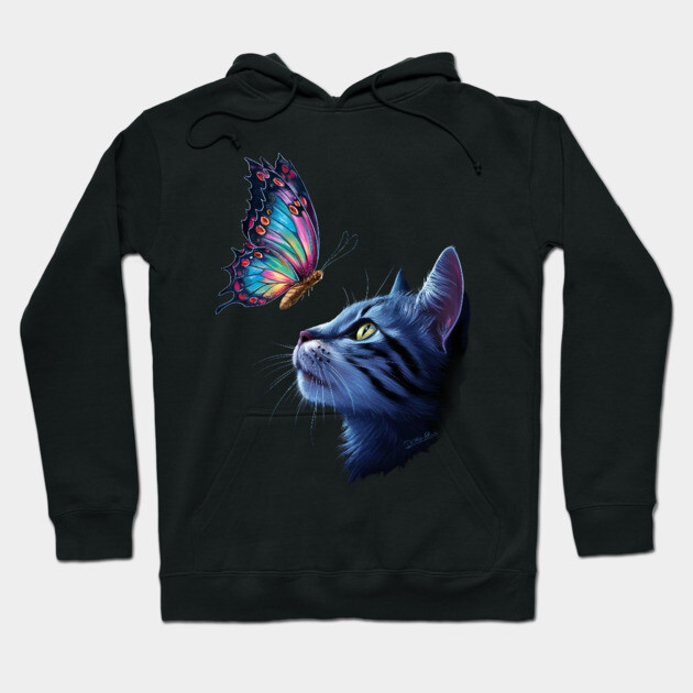 The Cat Gazes Upwards at a Vibrant Butterfly Hoodie by animegirlnft