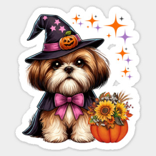 Halloween Shih Tzu Dog Lover Witch Hat Rainbow Pumpkin Sticker