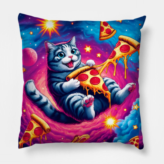 Cat with Pizza in Space, Funny Pizza Lover Pillow by logiamerch