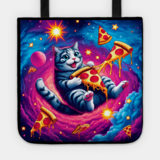 Cat with Pizza in Space, Funny Pizza Lover Tote