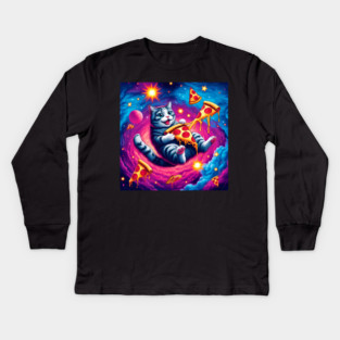 Cat with Pizza in Space, Funny Pizza Lover Kids Long Sleeve T-Shirt