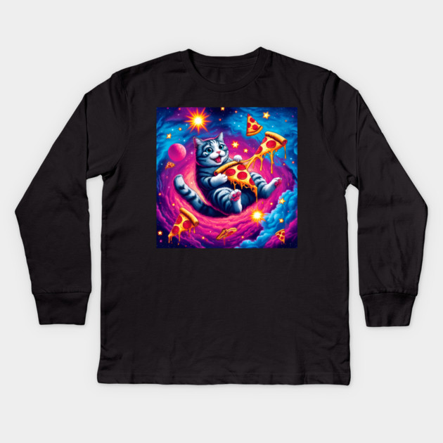 Cat with Pizza in Space, Funny Pizza Lover Kids Long Sleeve T-Shirt by logiamerch