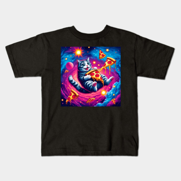 Cat with Pizza in Space, Funny Pizza Lover Kids T-Shirt by logiamerch