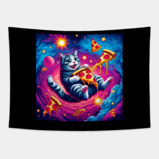 Cat with Pizza in Space, Funny Pizza Lover Tapestry