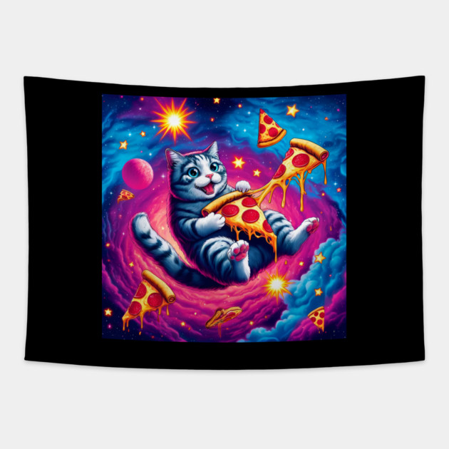 Cat with Pizza in Space, Funny Pizza Lover Tapestry by logiamerch