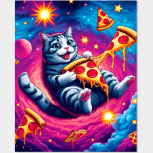 Cat with Pizza in Space, Funny Pizza Lover Posters and Art