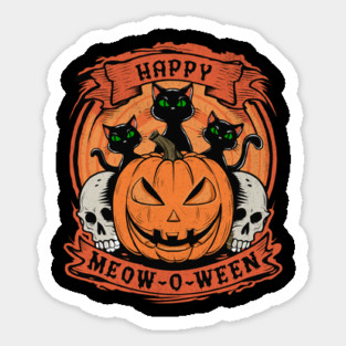 Happy Meow-O-Ween Design: Black Cats and Jack-o'-Lantern - Fun Halloween Art Sticker