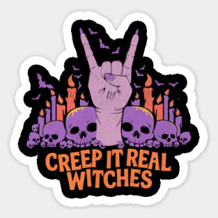 Creep It Real Witches Design: Rock Sign with Skulls and Candles - Fun Halloween Art Sticker