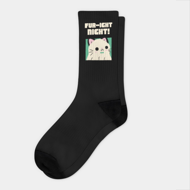 Fur-ight Night Design: Cute Cat with Fangs - Fun Halloween Art Socks by Designed By Marty