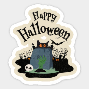 Happy Halloween Design: Black Cat in Graveyard - Spooky Fun Art Sticker