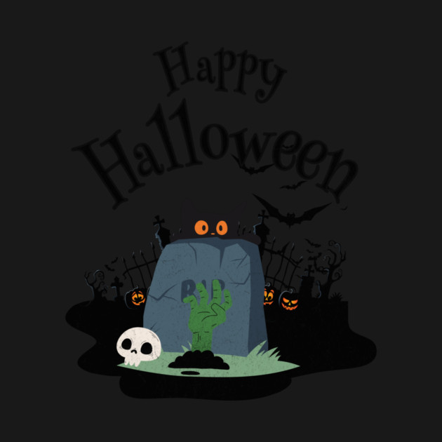 Happy Halloween Design: Black Cat in Graveyard - Spooky Fun Art by Designed By Marty