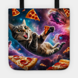 Cat with Pizza in Space, Funny Pizza Lover Tote