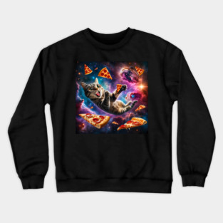 Cat with Pizza in Space, Funny Pizza Lover Crewneck Sweatshirt