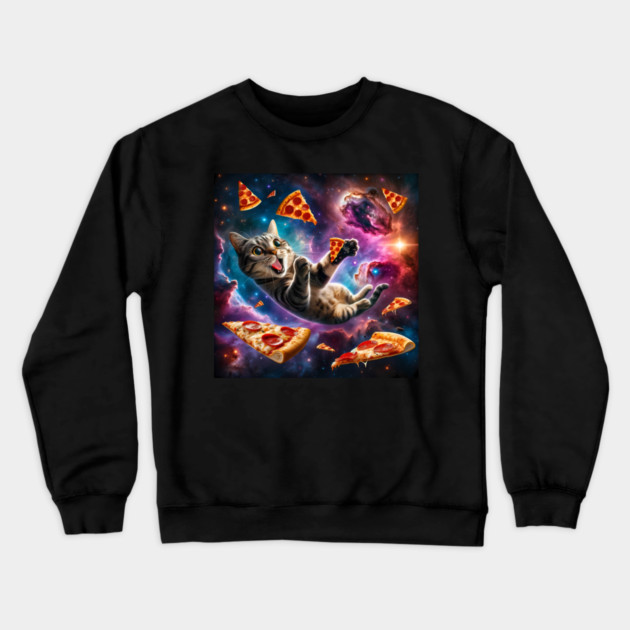 Cat with Pizza in Space, Funny Pizza Lover Crewneck Sweatshirt by logiamerch