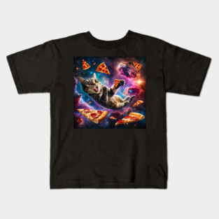 Cat with Pizza in Space, Funny Pizza Lover Kids T-Shirt