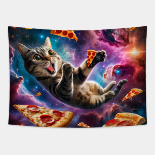 Cat with Pizza in Space, Funny Pizza Lover Tapestry