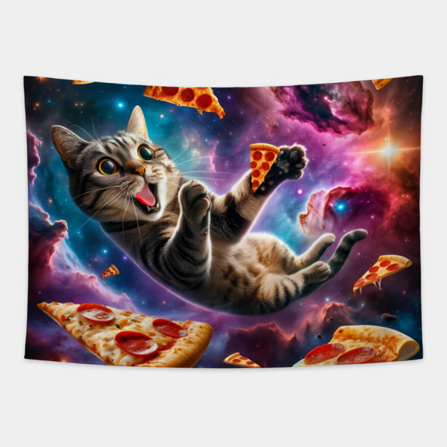 Cat with Pizza in Space, Funny Pizza Lover Tapestry by logiamerch