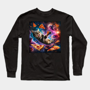 Cat with Pizza in Space, Funny Pizza Lover Long Sleeve T-Shirt