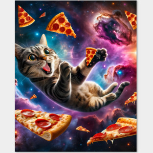 Cat with Pizza in Space, Funny Pizza Lover Posters and Art