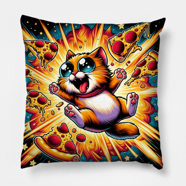 Cat with Pizza in Space, Funny Pizza Lover Pillow by logiamerch