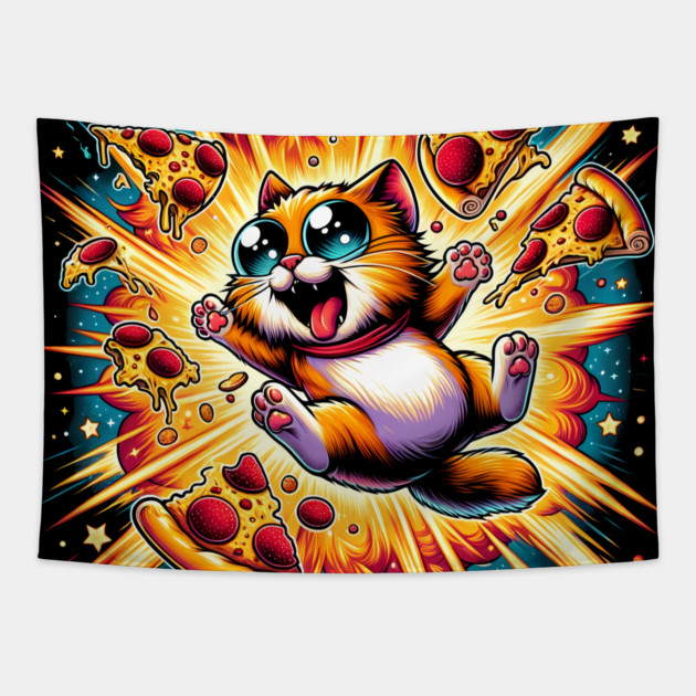Cat with Pizza in Space, Funny Pizza Lover Tapestry by logiamerch