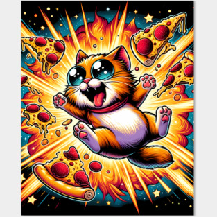Cat with Pizza in Space, Funny Pizza Lover Posters and Art