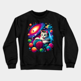 Cat in Space, Funny Colorful Cotton Balls Crewneck Sweatshirt