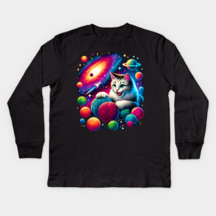 Cat in Space, Funny Colorful Cotton Balls Kids Long Sleeve T-Shirt