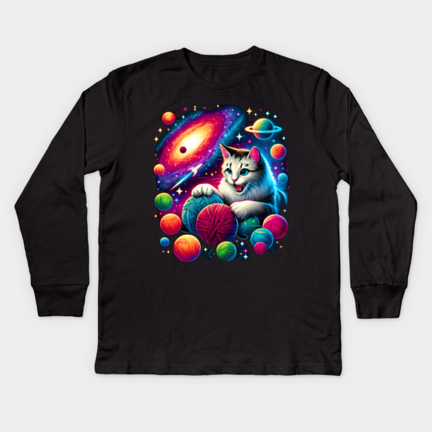 Cat in Space, Funny Colorful Cotton Balls Kids Long Sleeve T-Shirt by logiamerch