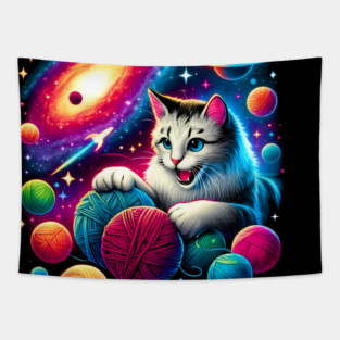 Cat in Space, Funny Colorful Cotton Balls Tapestry