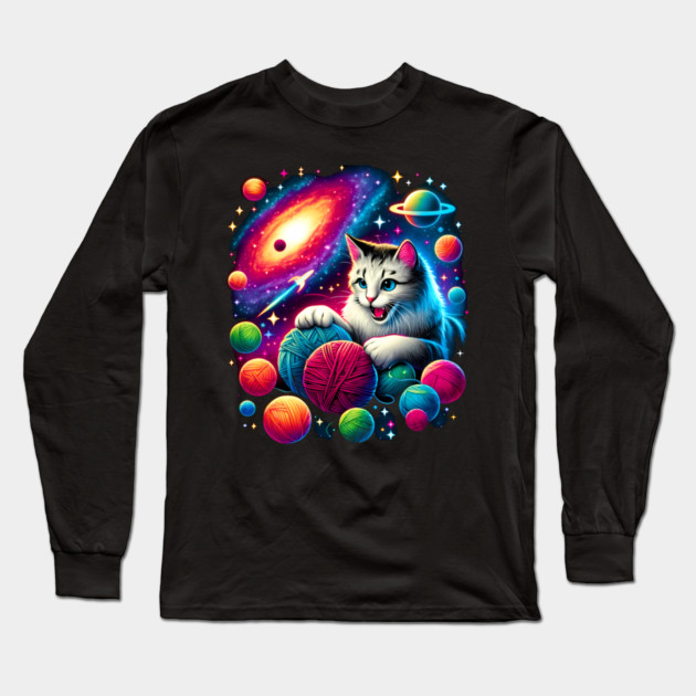 Cat in Space, Funny Colorful Cotton Balls Long Sleeve T-Shirt by logiamerch