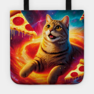 Cat with Pizza in Space, Funny Pizza Lover Tote