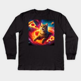 Cat with Pizza in Space, Funny Pizza Lover Kids Long Sleeve T-Shirt