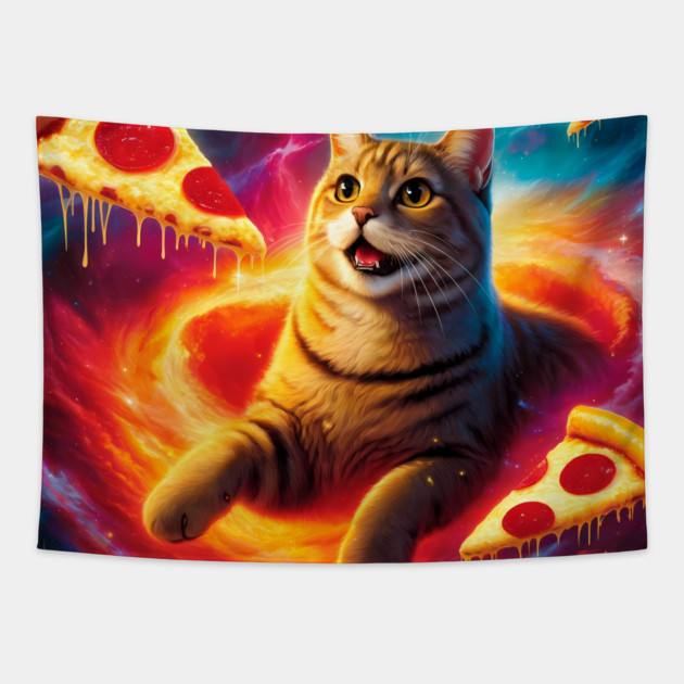 Cat with Pizza in Space, Funny Pizza Lover Tapestry by logiamerch