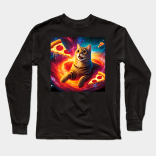 Cat with Pizza in Space, Funny Pizza Lover Long Sleeve T-Shirt