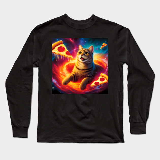 Cat with Pizza in Space, Funny Pizza Lover Long Sleeve T-Shirt by logiamerch