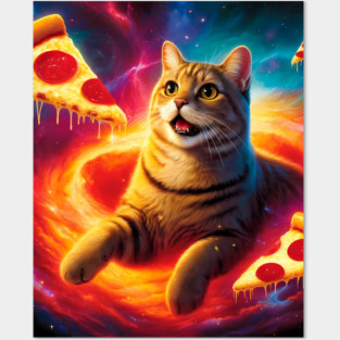 Cat with Pizza in Space, Funny Pizza Lover Posters and Art