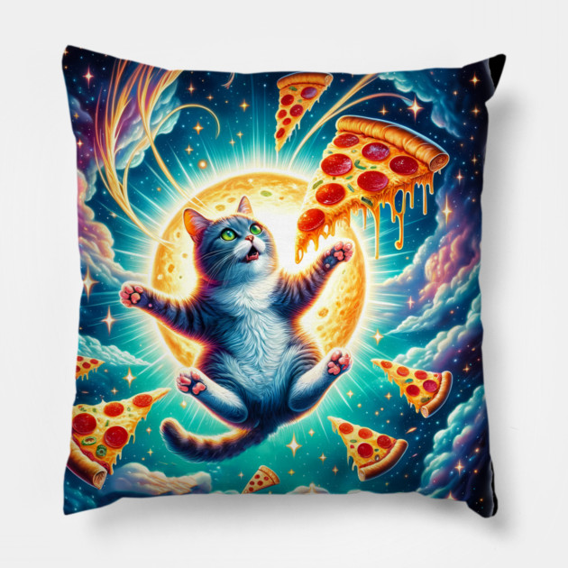 Cat with Pizza in Space, Funny Pizza Lover Pillow by logiamerch