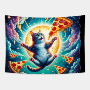 Cat with Pizza in Space, Funny Pizza Lover Tapestry