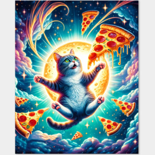 Cat with Pizza in Space, Funny Pizza Lover Posters and Art