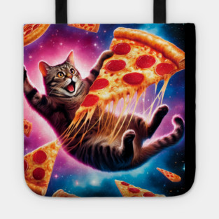 Cat with Pizza in Space, Funny Pizza Lover Tote