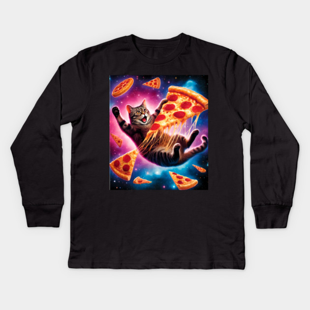 Cat with Pizza in Space, Funny Pizza Lover Kids Long Sleeve T-Shirt by logiamerch