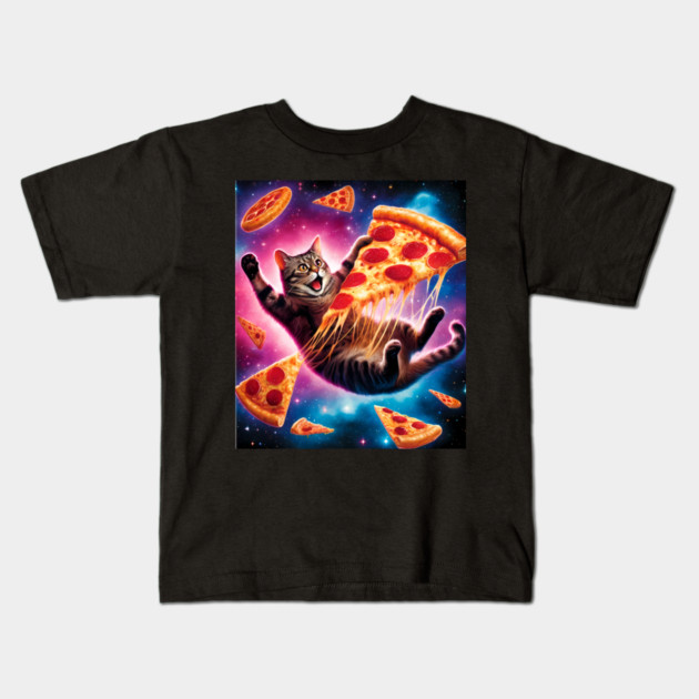 Cat with Pizza in Space, Funny Pizza Lover Kids T-Shirt by logiamerch