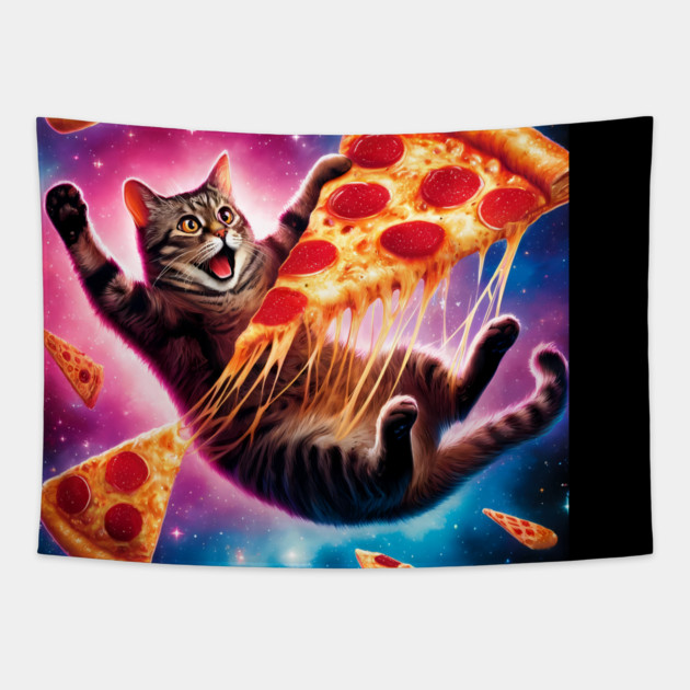 Cat with Pizza in Space, Funny Pizza Lover Tapestry by logiamerch