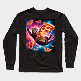 Cat with Pizza in Space, Funny Pizza Lover Long Sleeve T-Shirt